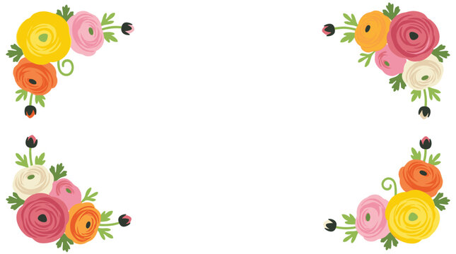 Decorative floral corner elements with pink, yellow, and orange ranunculus flowers and green leaves, simple flat design for invitation cards or
