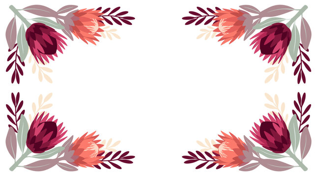 abstract floral elements in corners, protea flowers and leaves, subtle color palette, decorative border, natural motifs