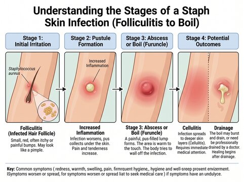 Staph Infection Stages Pictures Showing Progressive Skin Infection Symptoms, Healing Process, Medical Reference, Healthcare Education, and Awareness
