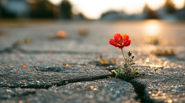 A single vibrant red blossom sprouts from parched concrete ground under warm evening sun. Concept of resilience, power of life, inner strength, and hope against all odds.