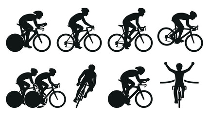 Obraz premium Collection of cyclist silhouettes in various racing poses, speed, dynamic motion, winning finish line celebration, sport vector icons and elements
