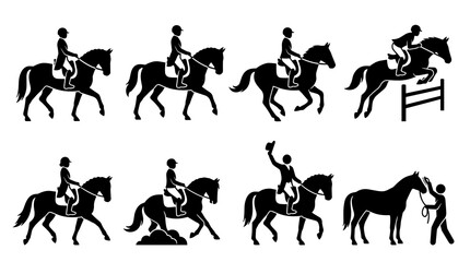 Fototapeta premium Equestrian sports silhouettes showing horse riding and jumping, collection of isolated rider and horse poses for sport design