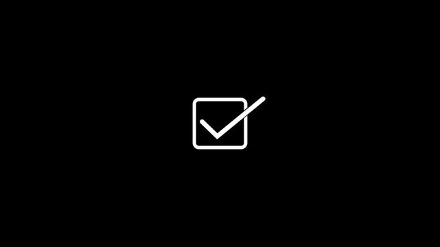 Minimalist white checkbox icon animation transforming from a simple check to a confirmed checkmark, symbolizing successful task completion,validation on black background.Animation on a Stock Video.