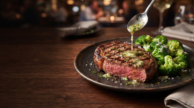 Juicy Grilled Beef Steak with Butter Sauce Drizzled from Spoon