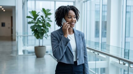 Fototapeta premium Generative AI, Businesswoman talking on phone in bright modern office hallway