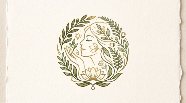 Minimalist line art illustration of a woman's profile surrounded by organic botanical elements and a lotus flower in earth tones on paper texture.
