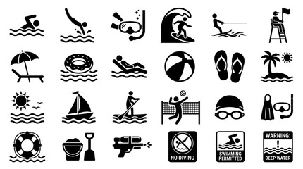 Black icons related to beach and water activities. © Xafira
