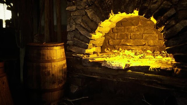 Blazing oven inside blacksmith workshop, sparks flying around hammer and anvil silhouettes, wooden beams overhead, tools scattered, heavy ironwork glowing