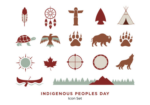 Indigenous Peoples Day Native Culture Icon Set Flat Vector &mdash; Feather Dream Catcher Totem Arrow Tipi Turtle Thunderbird Bison Bear Paw Maple Sun Medicine Wheel Canoe Wolf, Earth Tone Brown Rust 