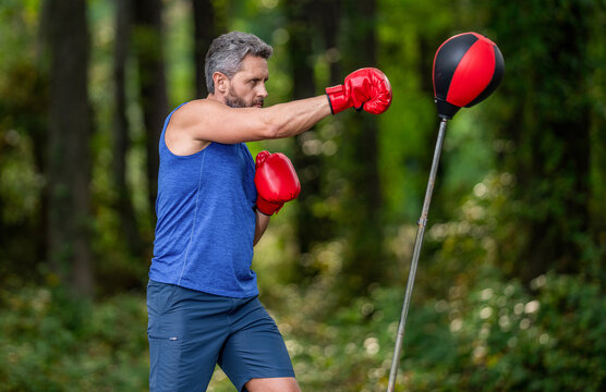 Exercising and punching. Sportsman practicing boxing. Sportsman boxing freestanding punching bag outdoor. Sport man boxing punching bag. Strong athlete man boxer. Boxer in sportswear. Heavy hook