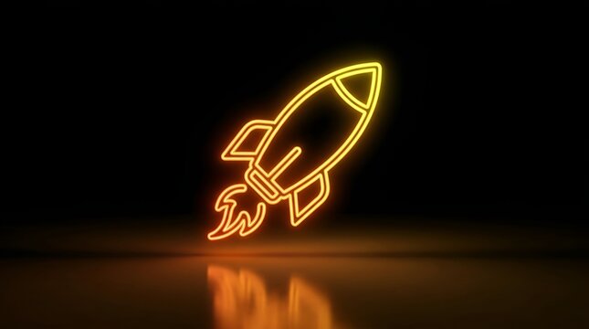 Glowing neon rocket silhouette launching upward in dark background