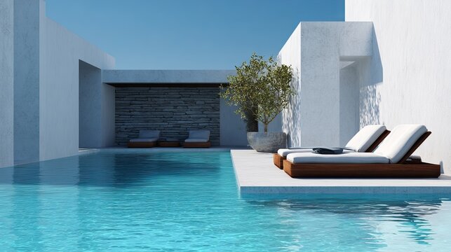 A serene poolside scene with modern architecture and comfortable lounge chairs on a sunny day