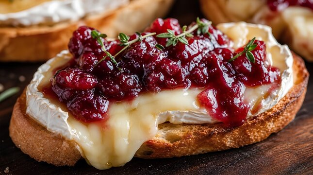 Toasted baguette topped with melted brie, glossy cranberry compote, and thyme creates a rich appetizer for restaurant menus, catering, or recipe promotions.