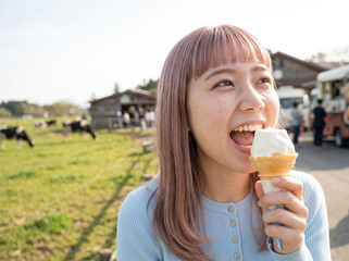 Fototapeta premium 口を大きく開けてソフトクリームを食べている笑顔の若い女性
