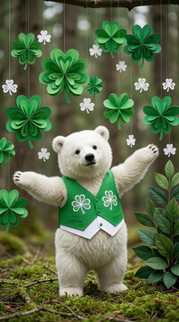 A white bear cub in a green vest decorated with shamrocks stands in a forest, surrounded by hanging shamrock paper decorations, symbolizing St. Patrick's Day festivity and luck