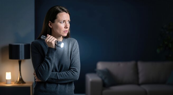 Anxious woman holding flashlight in dark apartment, illuminated by cool white beam during electrical short. Concept of emergency preparedness, home safety, or nighttime security.