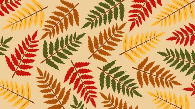 Seamless autumn fern leaves pattern featuring vibrant red, yellow, green, and brown foliage on a soft background. Perfect for seasonal videos, fall themes, wallpapers