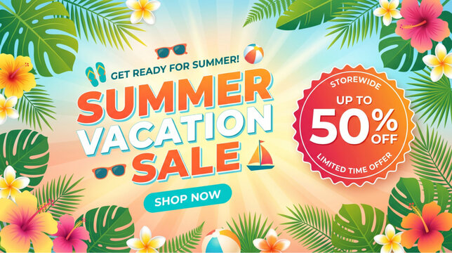 Vibrant summer vacation sale promotional banner with up to 50 percent off discount offer surrounded by tropical flowers and palm leaves.