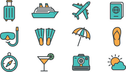 Summer Vacation and Tropical Travel Flat Line Icon Set with Cruise Ship, Airplane, Luggage, Passport, and Snorkel Symbols for Tourism Graphic Designs © MARKNIS