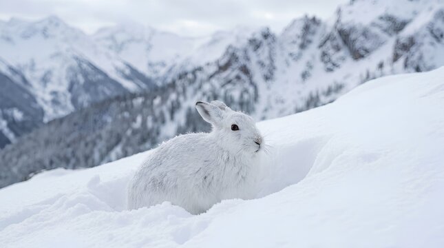 A white mountain hare crouches in deep alpine snow against blurred winter peaks, ideal for wildlife conservation, climate adaptation, or seasonal travel campaigns.