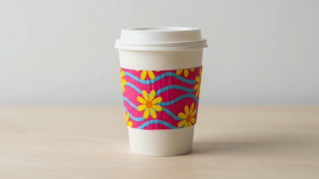 Disposable Paper Coffee Cup with Floral Pattern Sleeve on Wooden Table
