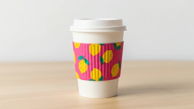 Disposable white coffee cup with changing lemon pattern sleeve on wood surface