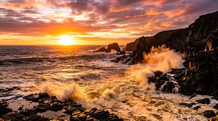 Fototapeta premium Dramatic sunset waves crash against rugged volcanic cliffs on a rocky coastline, ideal for travel promotions, nature calendars, or coastal adventure campaigns.