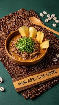 Gourmet Mancarra com Couve shredded beef in peanut sauce with collard chiffonade and cassava crisp against forest-green negative space