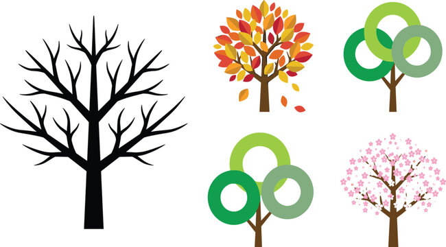 Seasonal Tree Vector Set Featuring Bare Winter Silhouette Autumn Foliage Pink Spring Cherry Blossom and Abstract Geometric Green Ring Canopy Icons