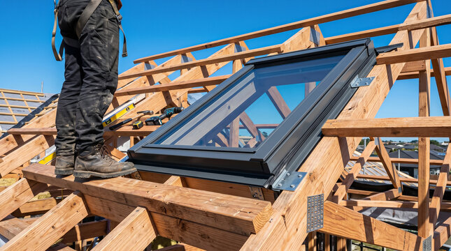 Professional Roofer Installing a Modern Skylight Window on a Wooden Roof Frame Under Clear Blue Sky