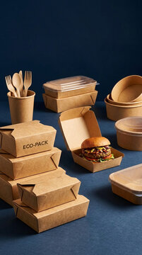 Collection of eco-friendly packaging for takeaway food, including containers and cutlery, symbolizing sustainability and convenience for modern dining