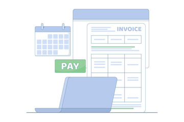 Fototapeta premium Laptop displaying electronic business invoices, billing reports, financial records, and calendar planning for payment tracking, accounting management, bookkeeping, expense control, and productivity.
