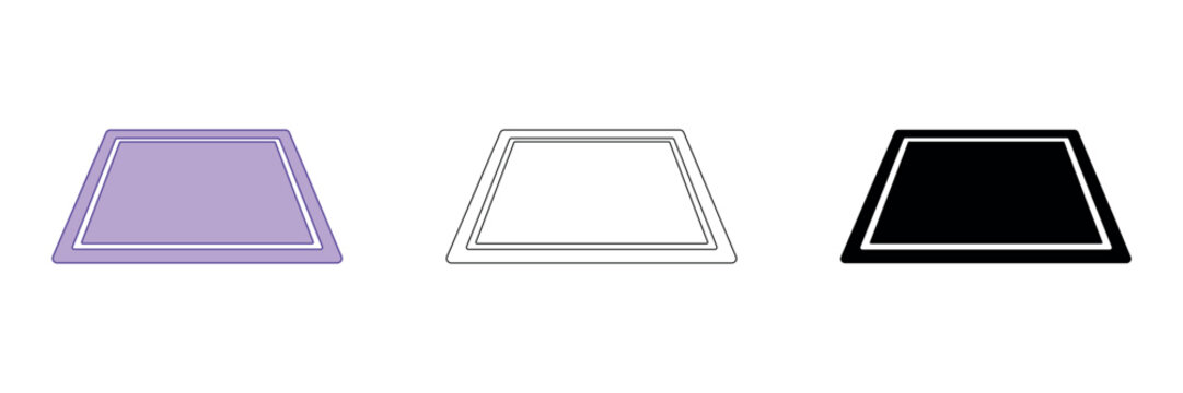 Three geometric trapezoid shapes in different styles: solid color, outline, and silhouette