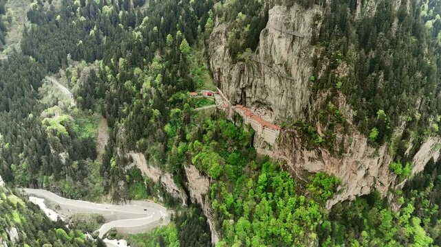 4K Aerial Drone Shot of Sumela Monastery in Trabzon, Turkey. Frontal View of the Historic Christian Orthodox Monastery on Cliff Face in Macka, Black Sea Region.