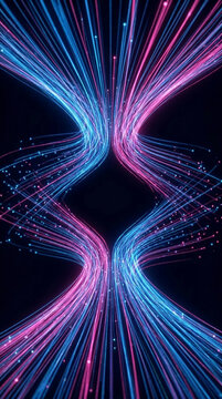 Abstract swirling lines of blue and pink light with small glowing dots on a dark background, symbolizing data flow, energy, and technology