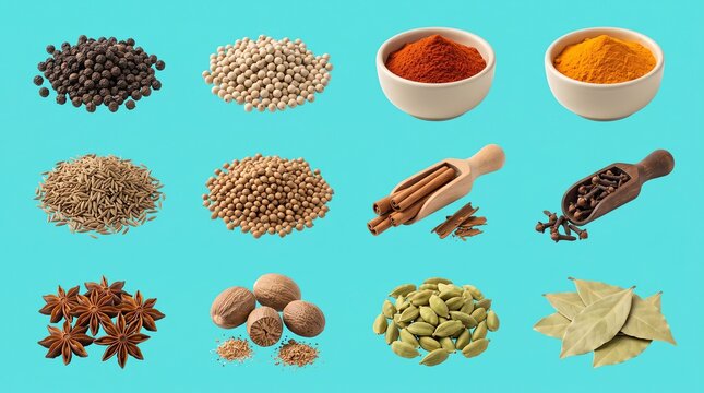 Assorted Aromatic Culinary Spices and Herbs Arranged on a Vibrant Blue Background for Gourmet Cooking and Flavorful Home Kitchen Preparation