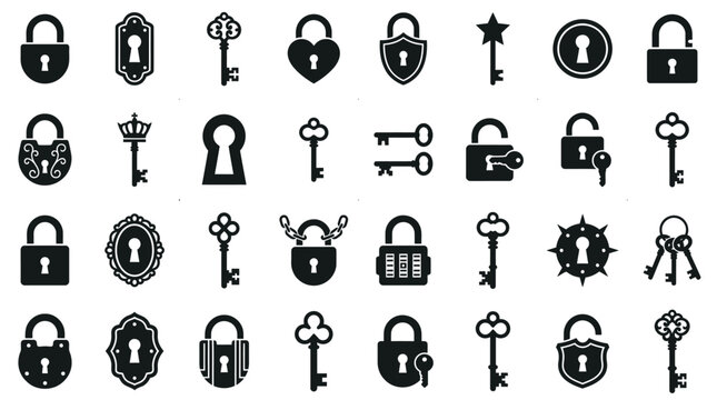 A collection of various lock and key illustrations displayed on a clean surface.