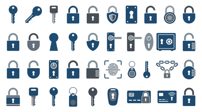 Secure icons of locks and keys in a digital illustration set