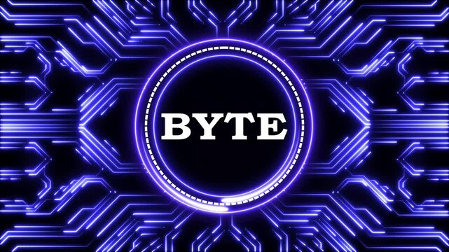 Neon blue digital circuit board glowing with flickering byte text information.