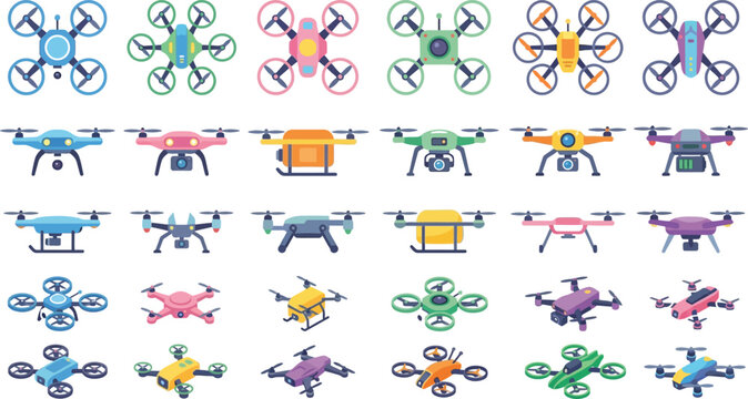 Comprehensive collection of playful flat vector drones in various styles and angles for modern technology