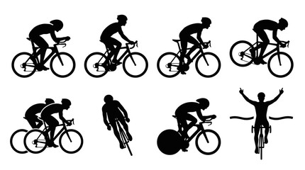 Fototapeta premium Set of cycling silhouette icons showing different riding positions and race finish, vector graphics for sport and competition