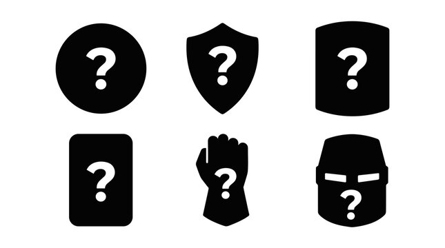 Collection of six black silhouette icons with question marks inside, representing unknown options or undecided choices, isolated on white