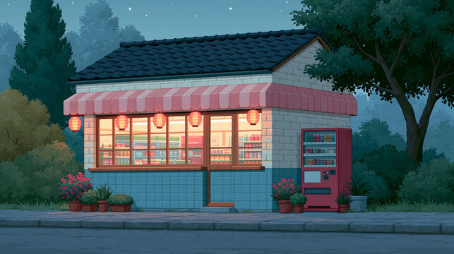 Charming Neighborhood Store at Dusk: A Tranquil Scene of Urban Charm with Cozy Vending Options and Lush Greenery Accented by Warm Illuminated Windows