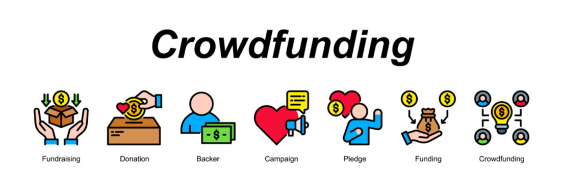 Crowdfunding web banner icon concept for with icon of Fundraising, Donation, Backer, Campaign, Pledge, Funding, Crowdfunding.