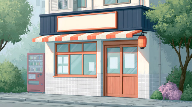 Charming Urban Storefront with Inviting Design and Welcoming Ambiance, Featuring Warm Colors and Lush Greenery for a Cozy Atmosphere in the City Landscape.