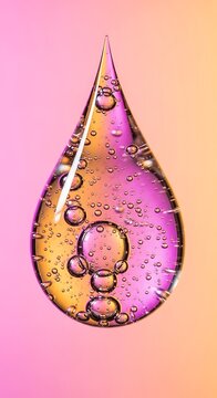 Colorful Liquid Drop with Air Bubbles on Soft Pink Orange Gradient Background