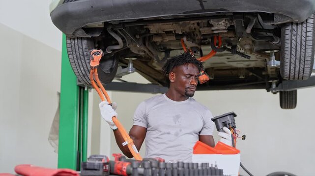 Automotive technician performing maintenance on vehicle underside using tools in a professional repair shop setting