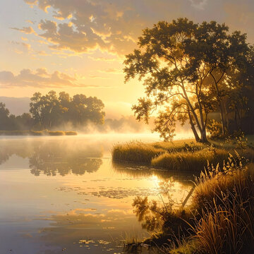Serene lake at sunrise with mist and golden light filtering through trees