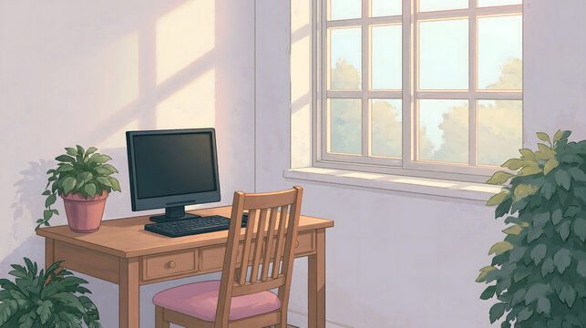Explore a Serene Lifestyle with a Cozy Home Workspace: Bright Sunlight, Greenery, and Functional Design for Productivity and Inspiration