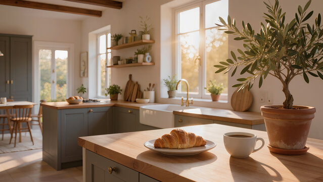 Minimalist Mediterranean kitchen interior with a fresh croissant, coffee cup, and an olive tree in a clay pot, morning sunlight, cozy home atmosphere